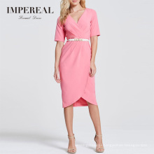 Tulip Hem Sleeve Pink Custom Knitted Wrap Short Career Dresses
